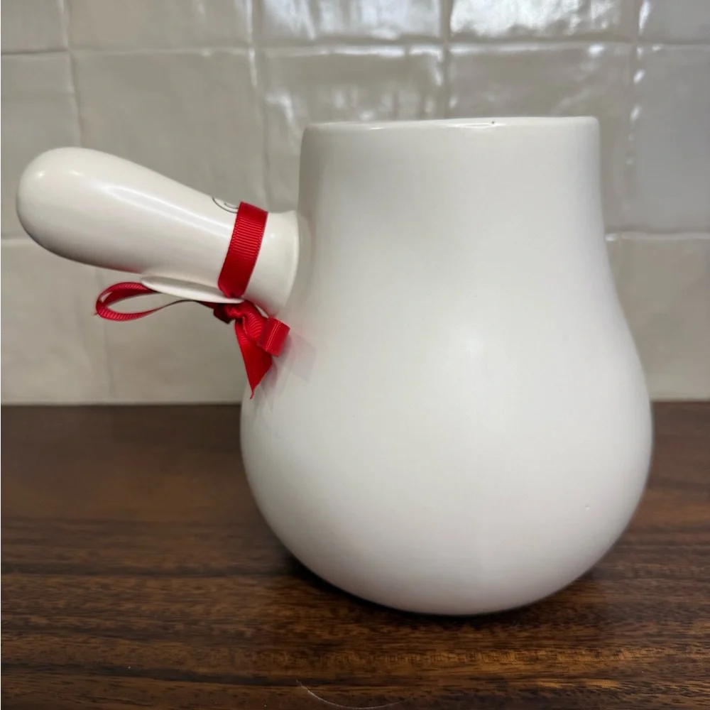 Rae Dunn White Cocoa Pot with RD Stamped Handle Red Interior